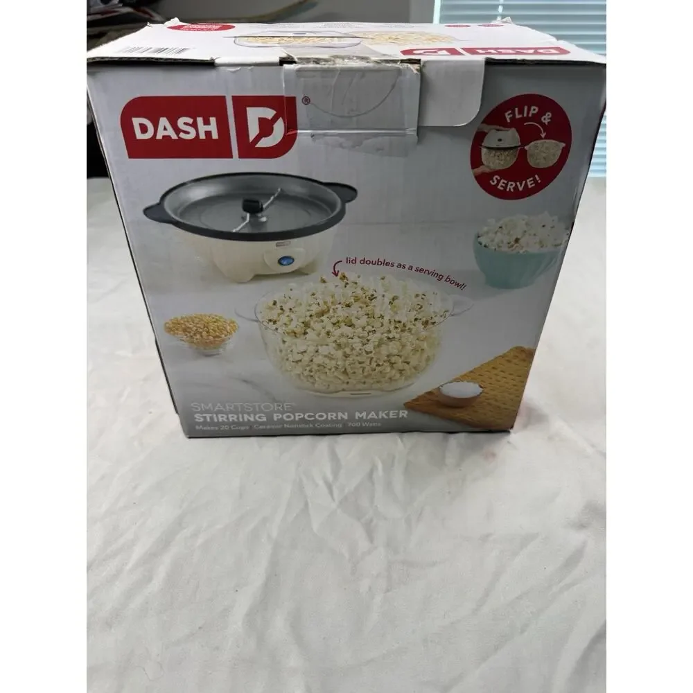 Dash SmartStore Stirring Popcorn Maker 20 Cup Flip Serve Bowl White New Open Box